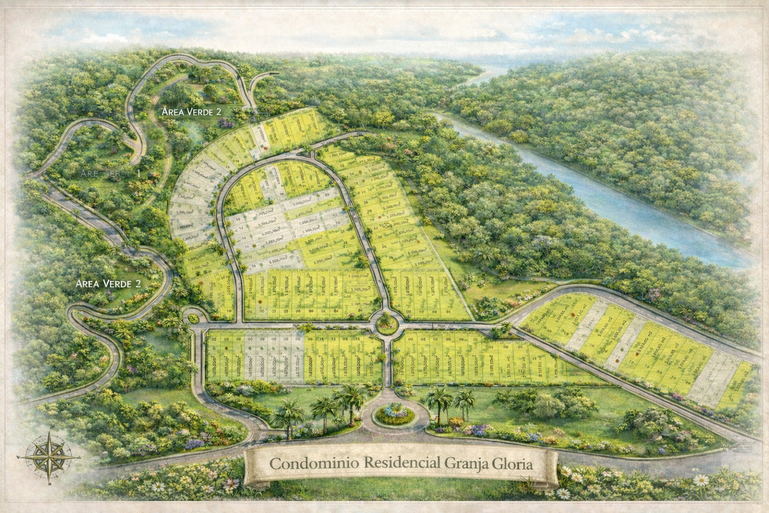 Mapa ilustrado do Condomínio Granja Glória visto de cima, mostrando os lotes, áreas verdes e rio